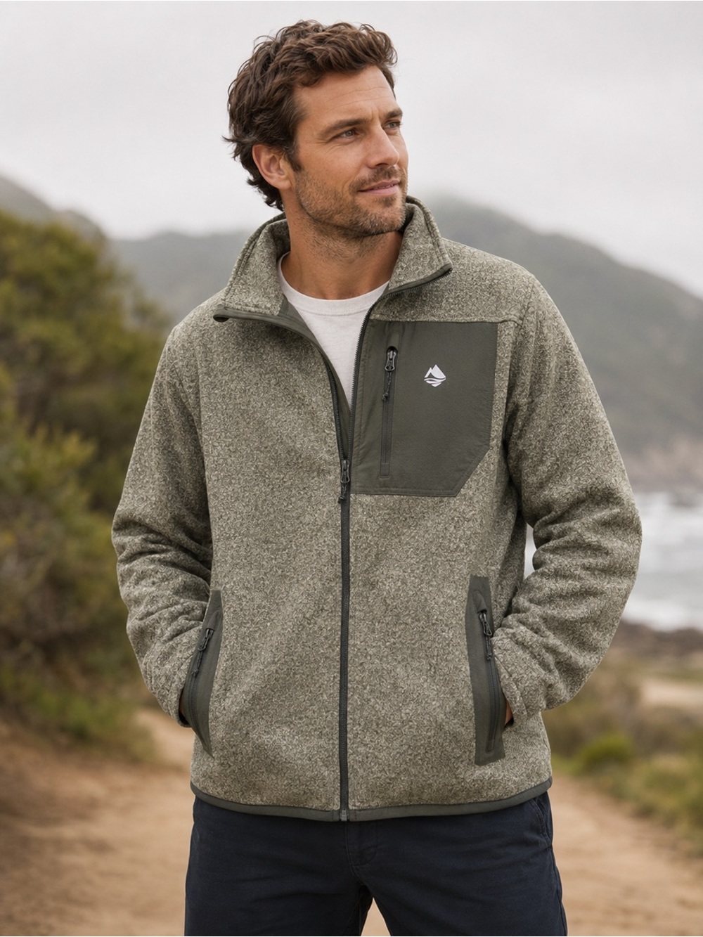 Men's Olive Heather Lightweight Fleece Jacket with Chest Pocket